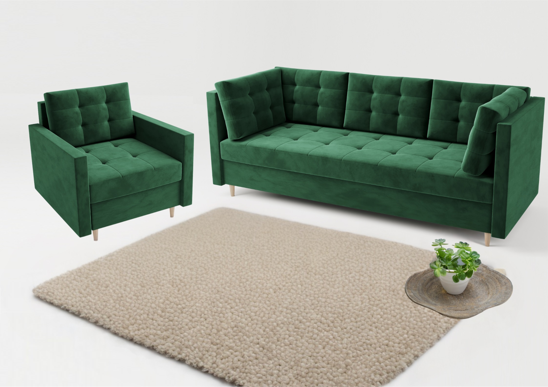 Pikowana sofa w stylu skandynawskim z funkcją spania w kolorze zielonym